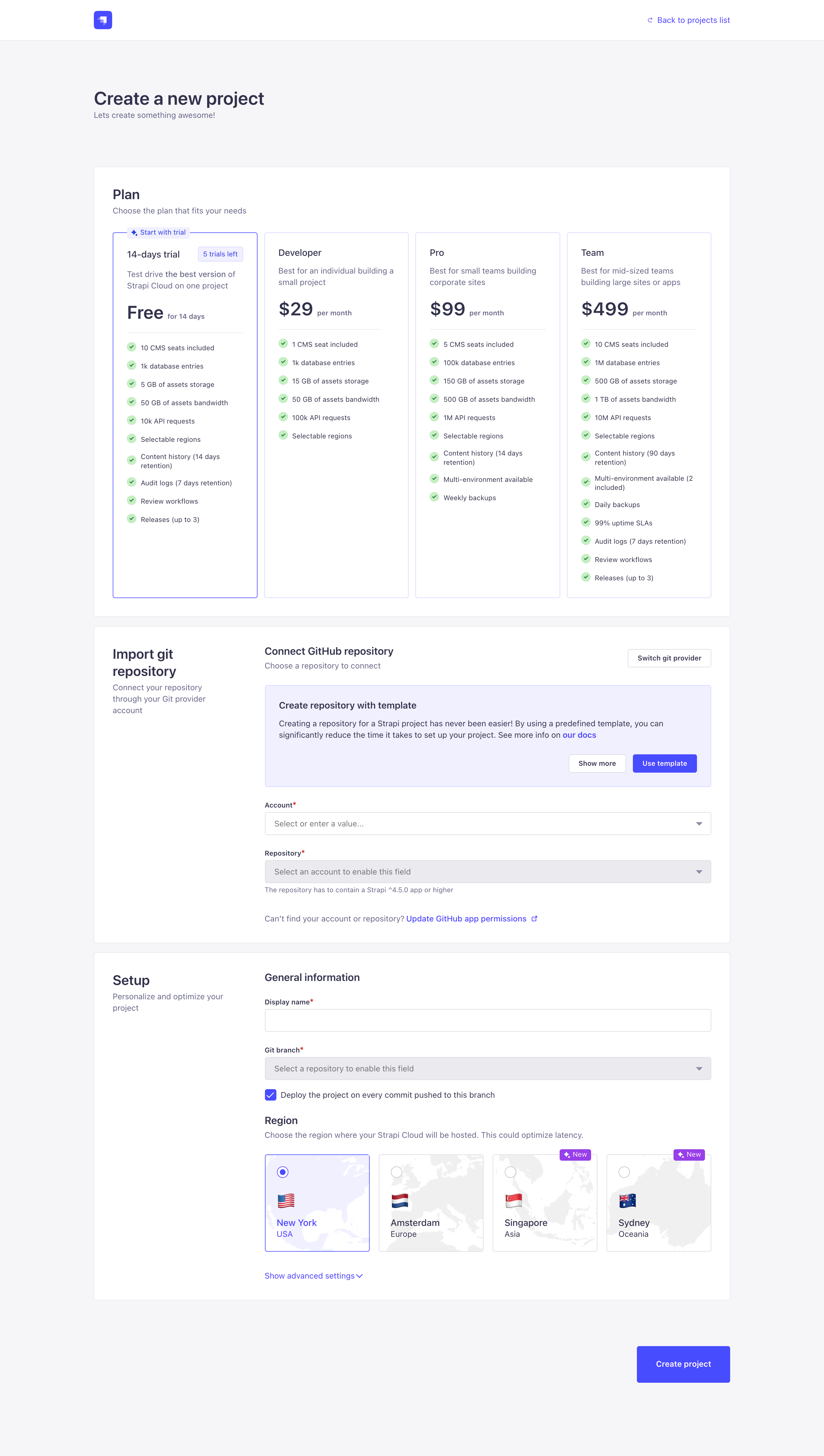 Strapi Cloud project creation, step 1