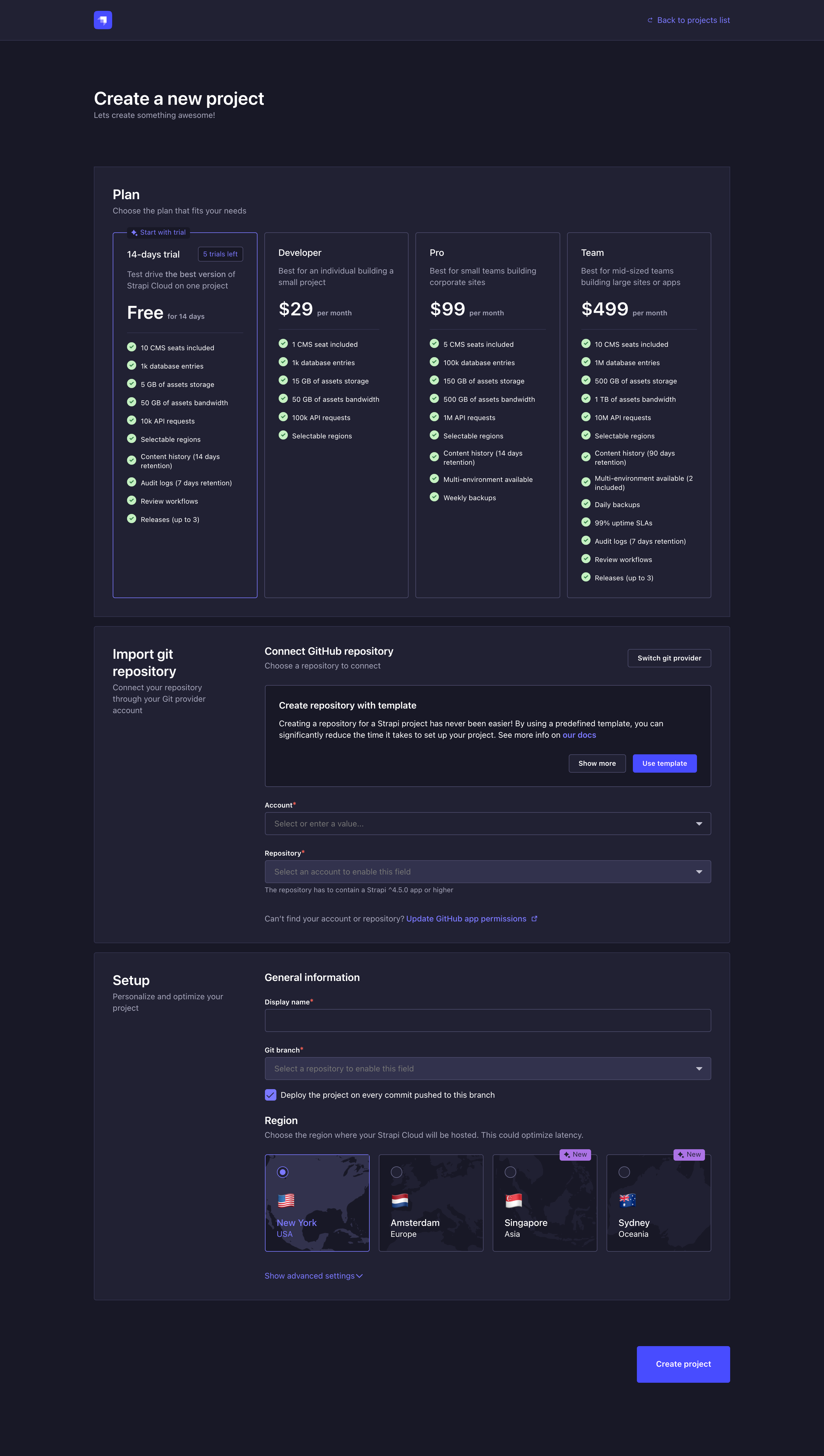 Strapi Cloud project creation, step 1